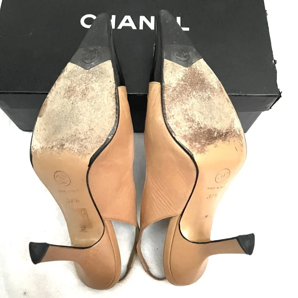 Rare! Auc CHANEL Two tone Flowers Slingback Heels IT 7,5 US 7,5